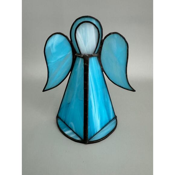 Vintage Stained Glass Angel Iridescent Blue Standing Votive Candle Holder - Picture 5 of 5